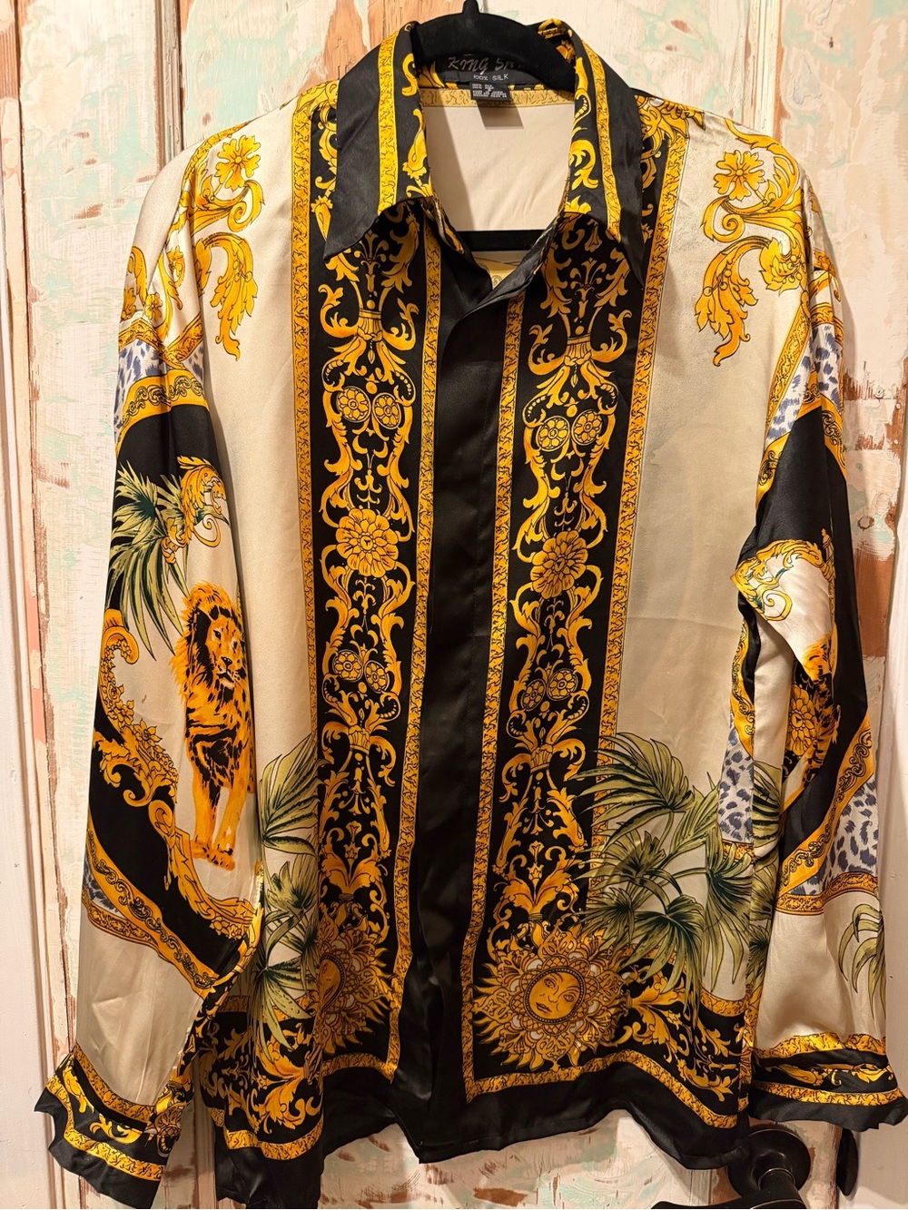 King Sam 100% Silk Lion Baroque Print Button Down Shirt Black Gold tunic